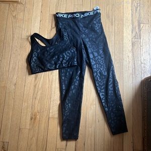 Nike Pro Black Leopard Leggings Sports Bra Set
